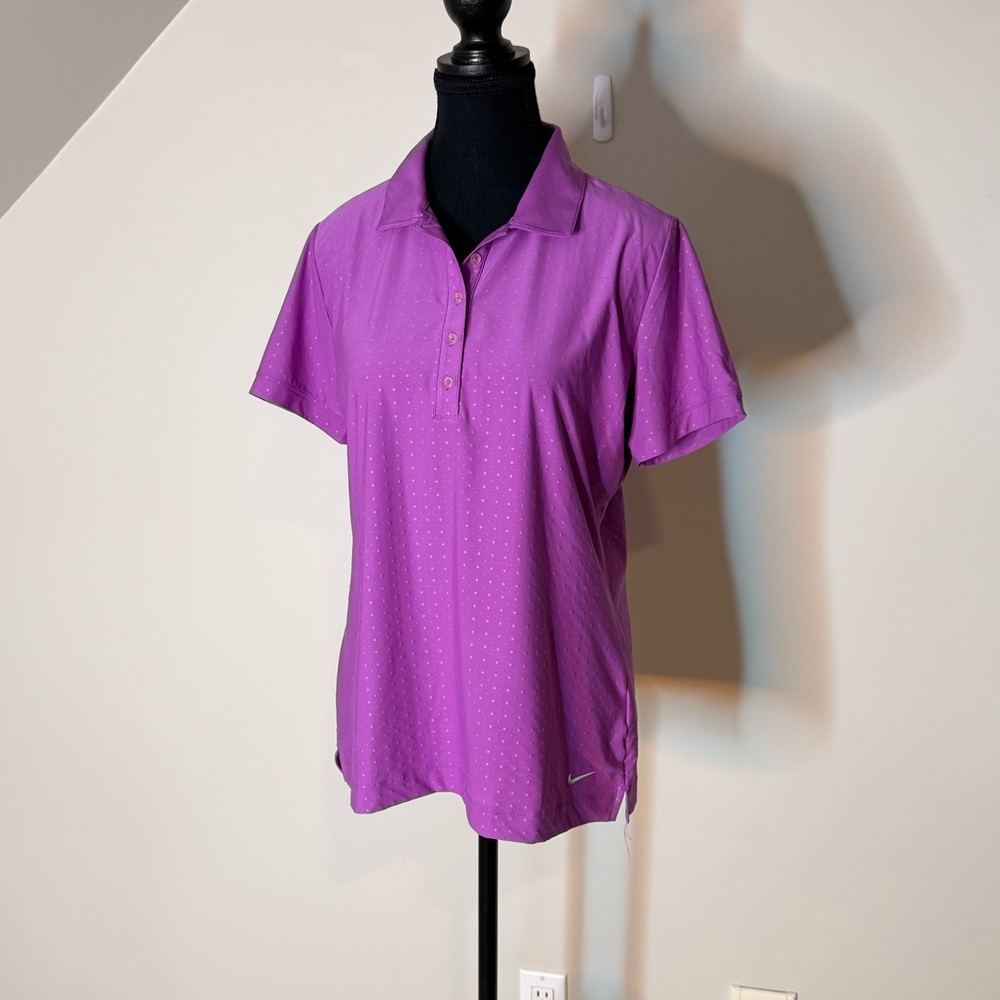 NIKE GOLF Purple Polka Dot Polo Shirt Top Athletic Golfcore Tenniscore Large - Picture 10 of 14